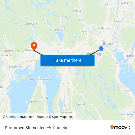 Strømmen Storsenter to Fornebu map