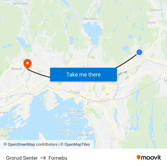 Grorud Senter to Fornebu map