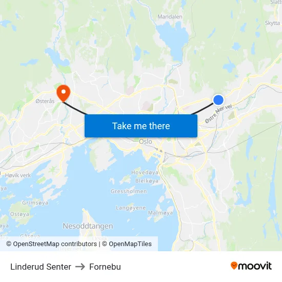 Linderud Senter to Fornebu map