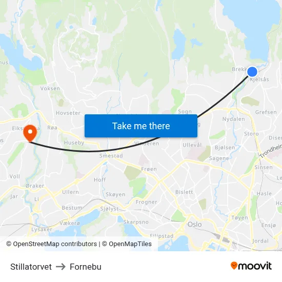 Stillatorvet to Fornebu map