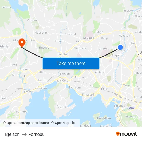 Bjølsen to Fornebu map