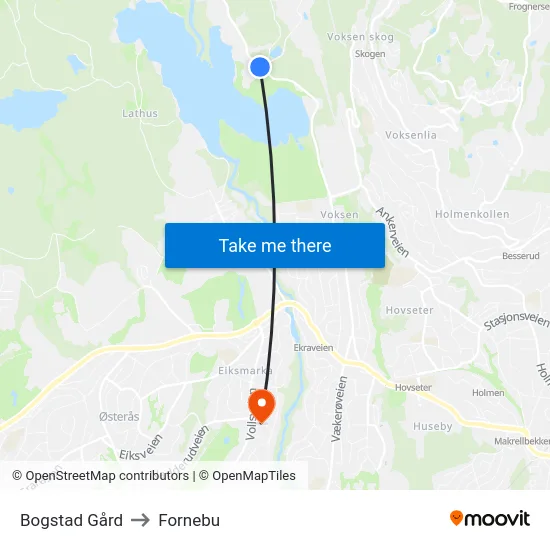 Bogstad Gård to Fornebu map