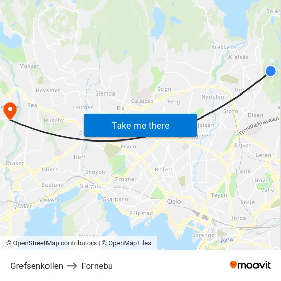 Grefsenkollen to Fornebu map