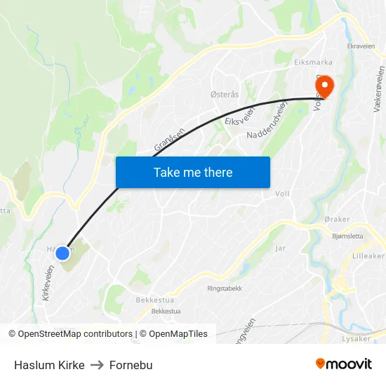 Haslum Kirke to Fornebu map