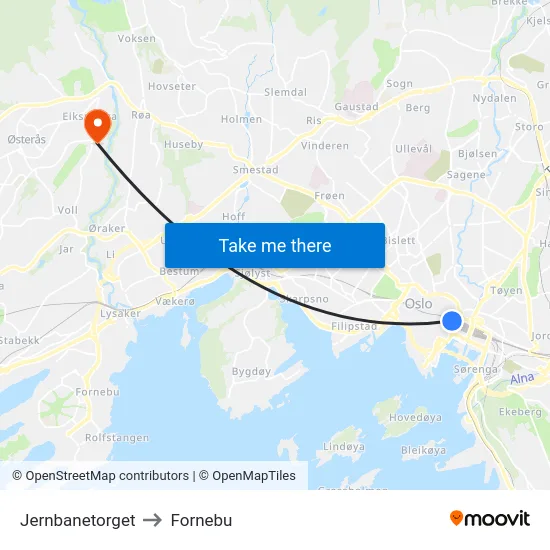 Jernbanetorget to Fornebu map