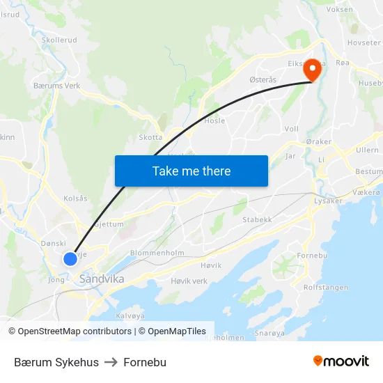 Bærum Sykehus to Fornebu map