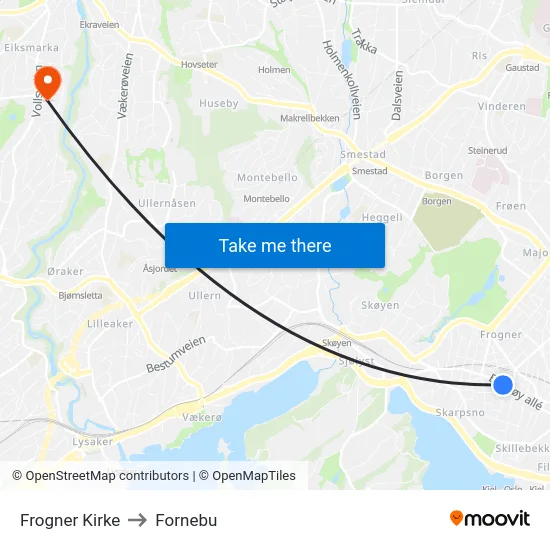 Frogner Kirke to Fornebu map