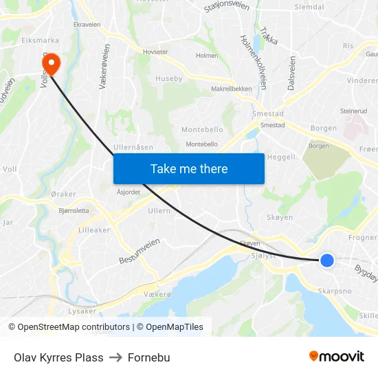 Olav Kyrres Plass to Fornebu map
