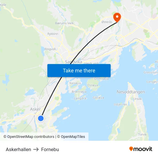 Askerhallen to Fornebu map