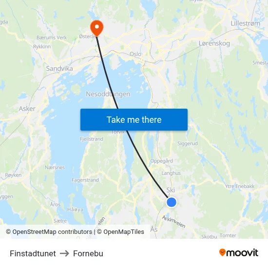 Finstadtunet to Fornebu map