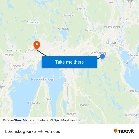 Lørenskog Kirke to Fornebu map