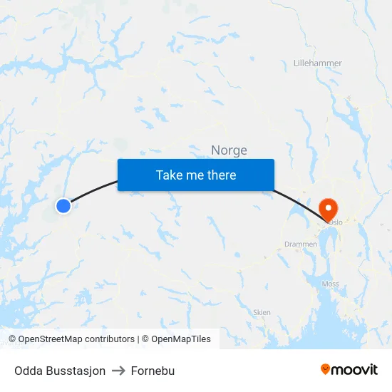 Odda Busstasjon to Fornebu map
