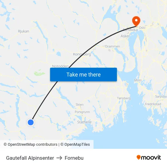 Gautefall Alpinsenter to Fornebu map