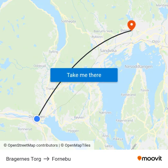 Bragernes Torg to Fornebu map