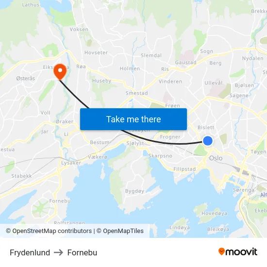 Frydenlund to Fornebu map