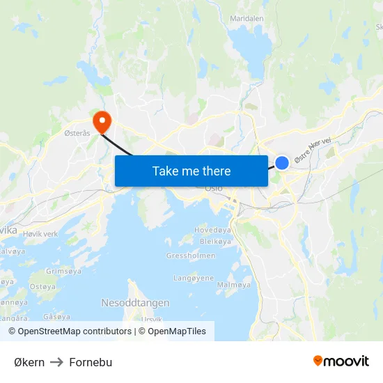 Økern to Fornebu map