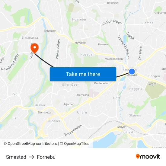 Smestad to Fornebu map