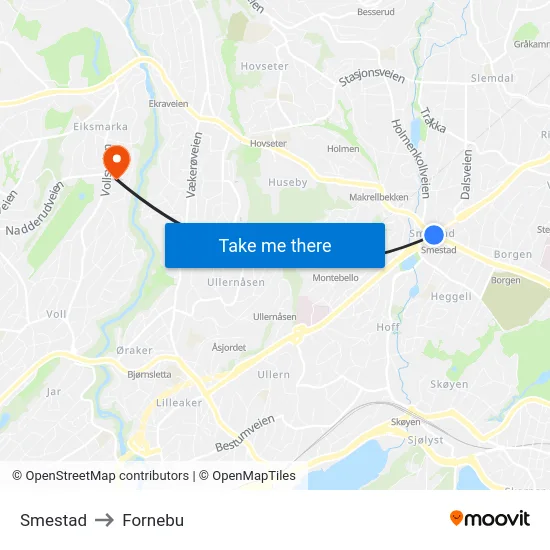 Smestad to Fornebu map