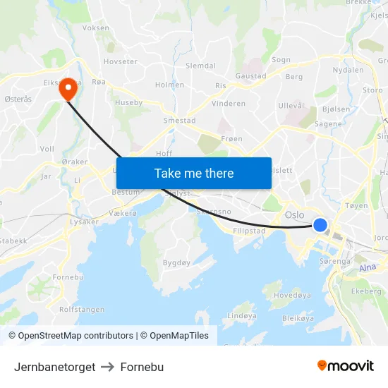 Jernbanetorget to Fornebu map