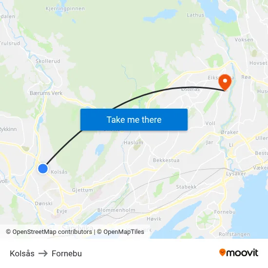 Kolsås to Fornebu map