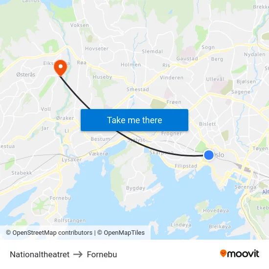 Nationaltheatret to Fornebu map