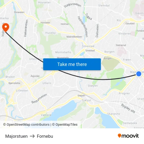 Majorstuen to Fornebu map