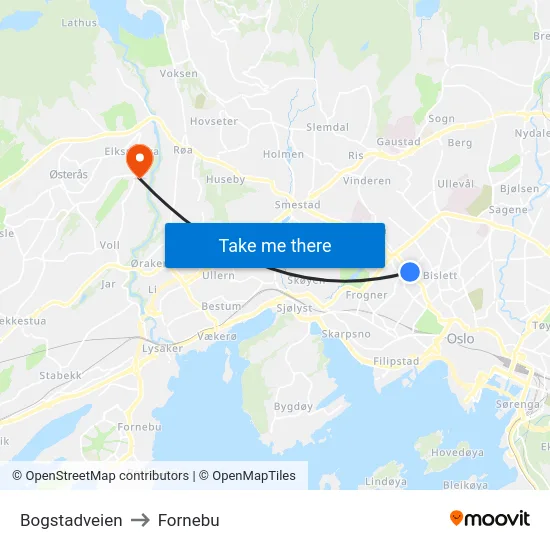 Bogstadveien to Fornebu map