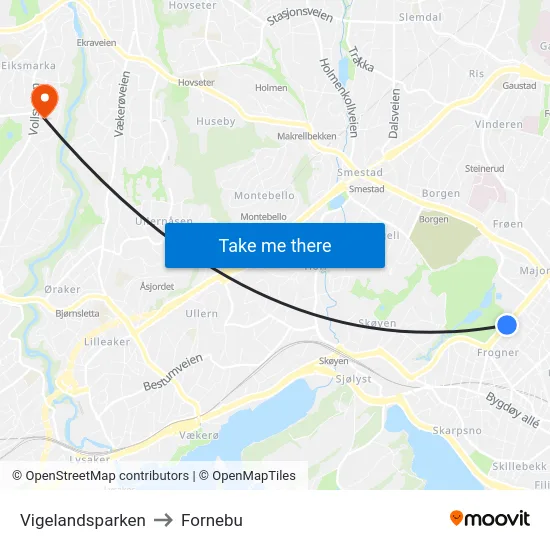 Vigelandsparken to Fornebu map