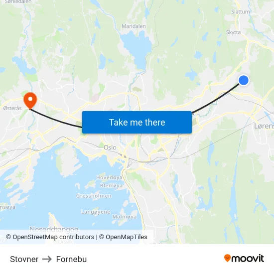 Stovner to Fornebu map