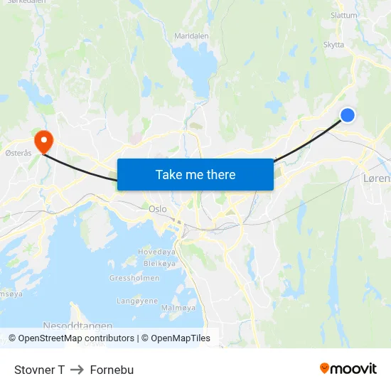 Stovner T to Fornebu map