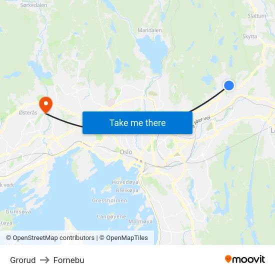 Grorud to Fornebu map