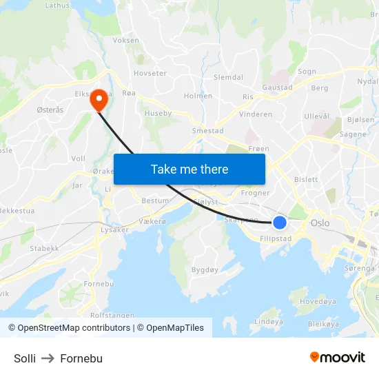 Solli to Fornebu map