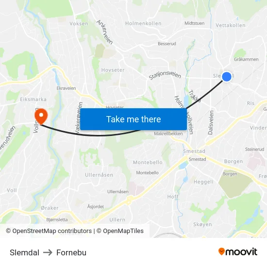 Slemdal to Fornebu map
