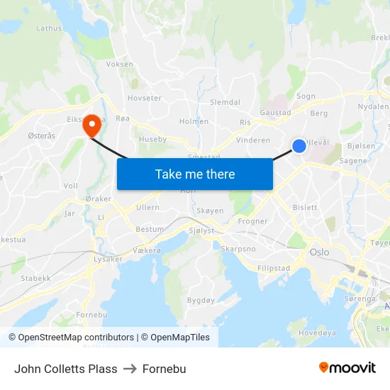 John Colletts Plass to Fornebu map