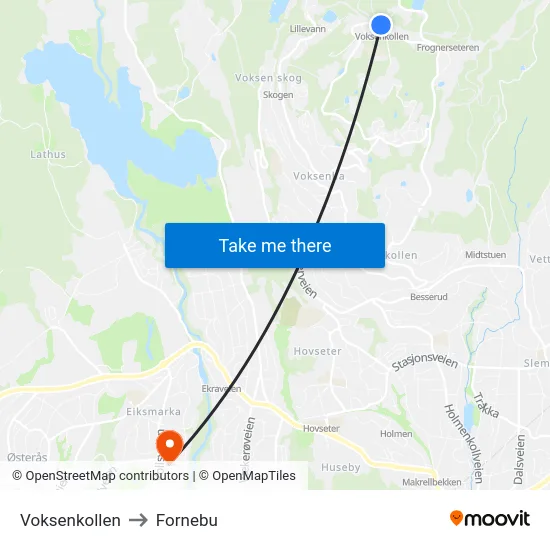 Voksenkollen to Fornebu map