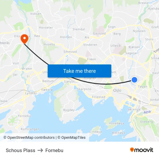Schous Plass to Fornebu map