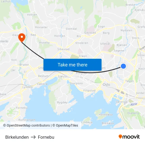 Birkelunden to Fornebu map