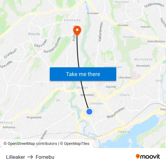 Lilleaker to Fornebu map