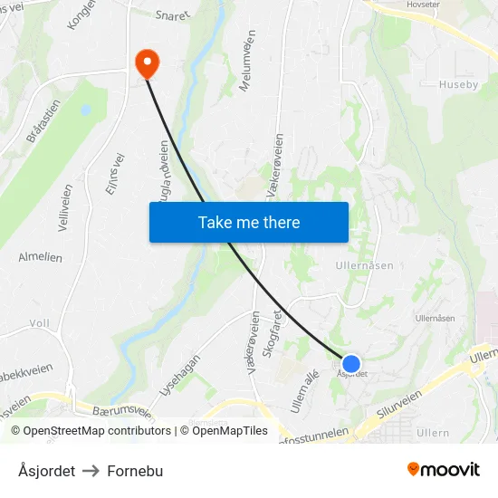 Åsjordet to Fornebu map