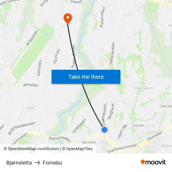 Bjørnsletta to Fornebu map