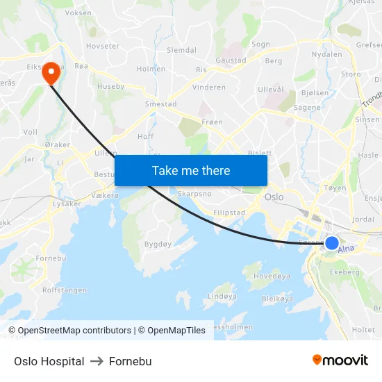 Oslo Hospital to Fornebu map
