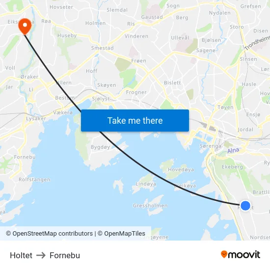 Holtet to Fornebu map