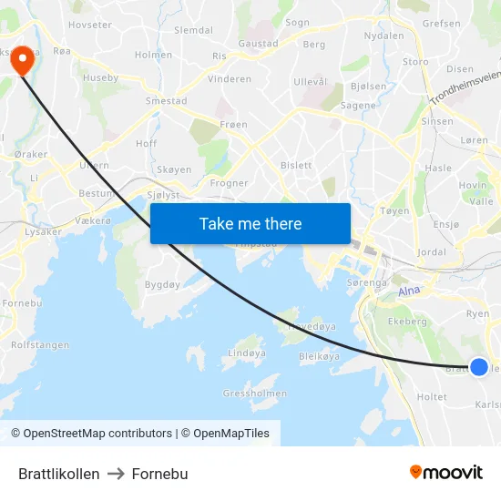 Brattlikollen to Fornebu map