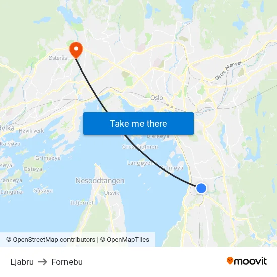 Ljabru to Fornebu map