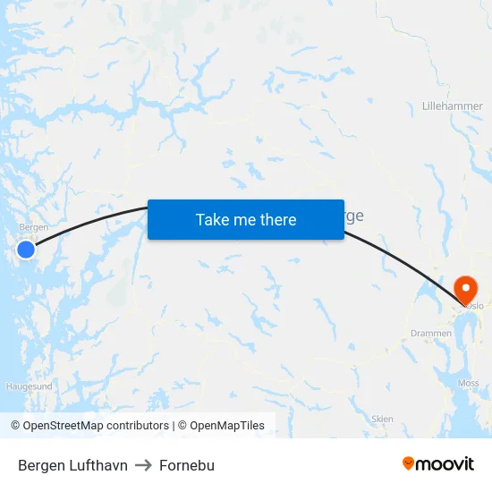 Bergen Lufthavn to Fornebu map