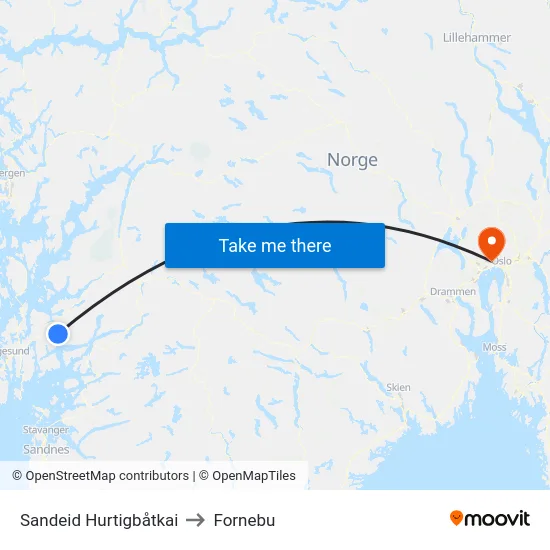 Sandeid Hurtigbåtkai to Fornebu map