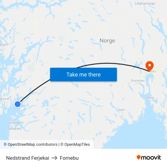Nedstrand Ferjekai to Fornebu map