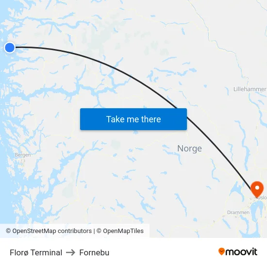 Florø Terminal to Fornebu map