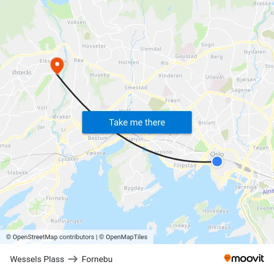 Wessels Plass to Fornebu map