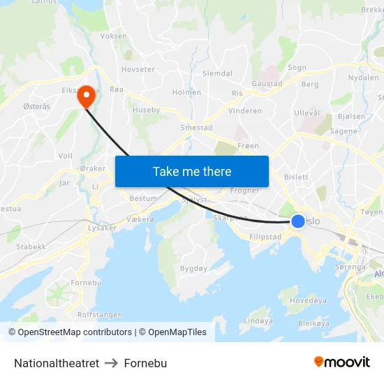 Nationaltheatret to Fornebu map